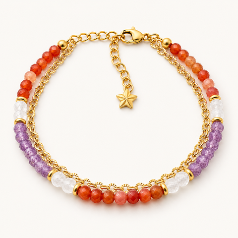 Bracelet doré en améthyste, cornaline et cristal de roche sur fond Nacre MilAura