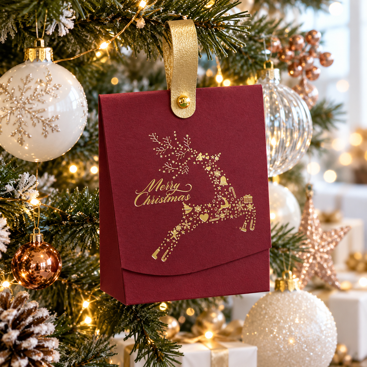 Écrin de Noël Confiance, bracelet en œil de tigre : Dans le sapin décoré
