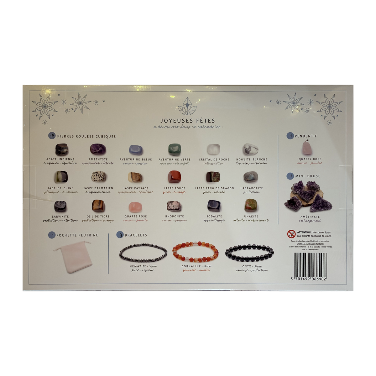 Dos du calendrier de l’Avent Mes pierres naturelles, avec les images et les noms des pierres, des bracelets, du pendentif, de la druse et de la pochette.