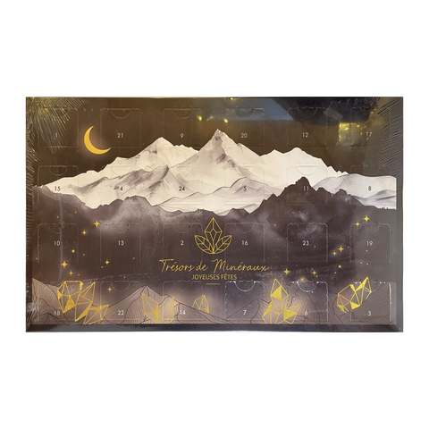 Calendrier de l’Avent Trésors de minéraux de face, décor de montagnes sur fond sombre, avec 24 fenêtres numérotées.