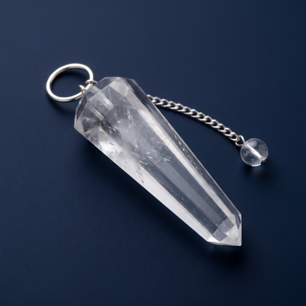 Pendule hexagonal transparent en cristal de roche avec chaînette et perle claires