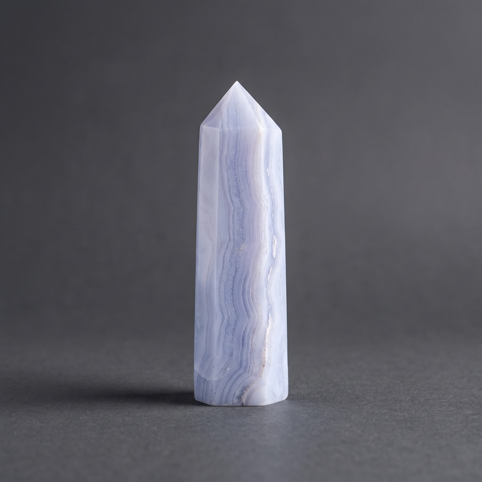 Pointe minérale polie en calcédoine bleue veinée, haute de 70 à 90 mm