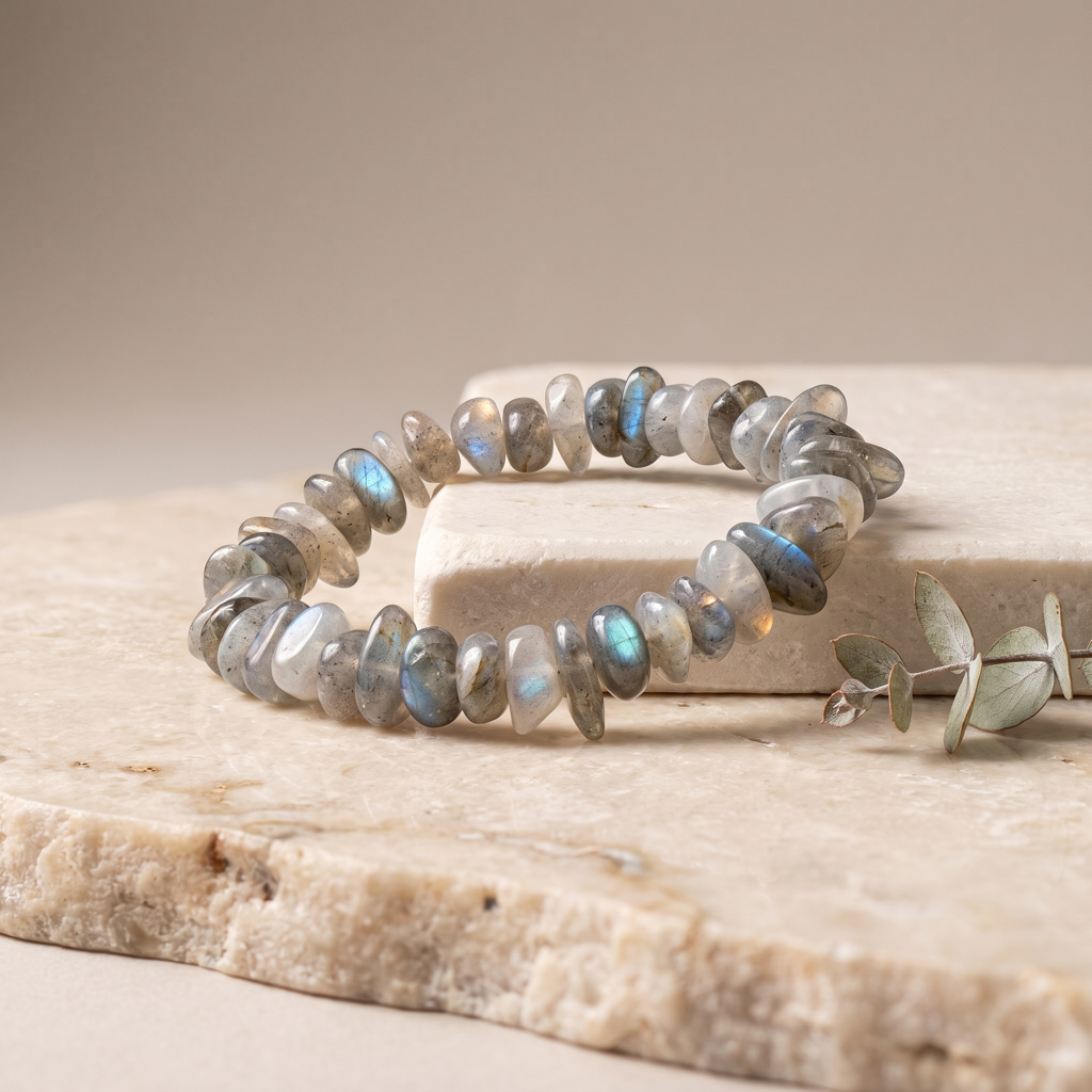 Bracelet baroque en labradorite avec éclats polis gris translucide sur fond clair
