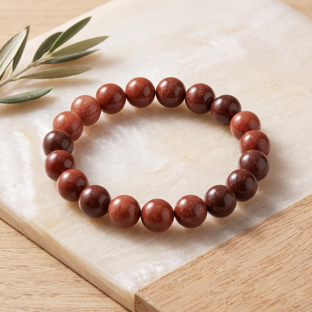 Bracelet élastique en aventurine rouge avec perles rondes polies de 10 mm sur fond clair