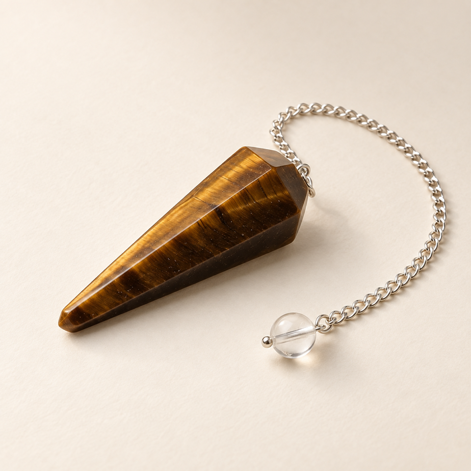 Pendule hexagonal en œil de tigre brun avec chaînette sur fond clair