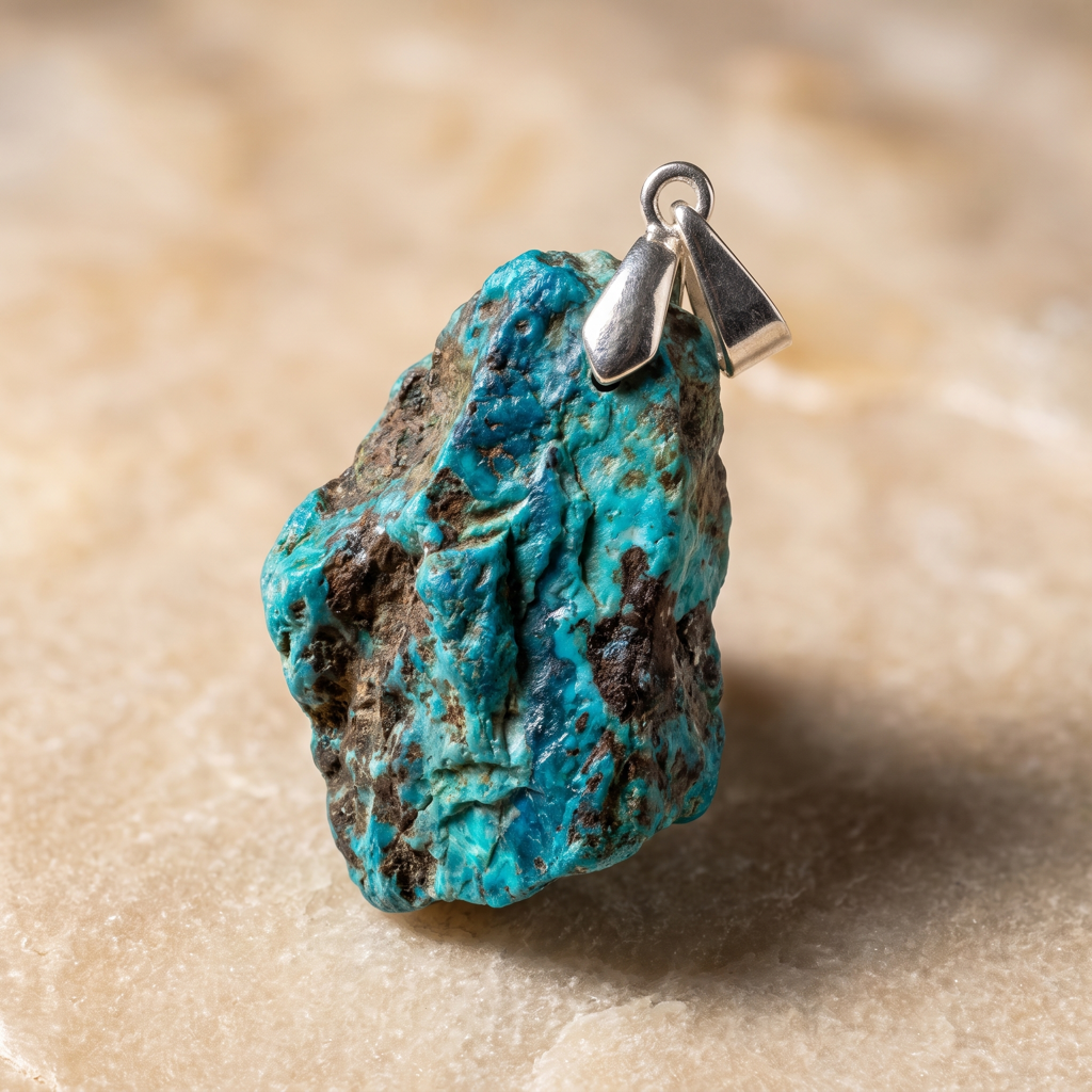 Pendentif en chrysocolle brute du Pérou avec bélière argentée et matrice visible