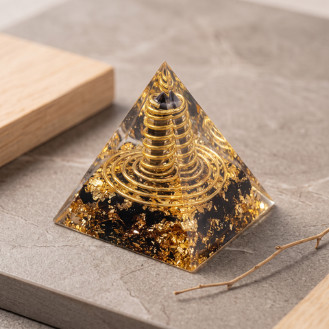 Orgonite pyramide transparente avec obsidienne noire, éclats dorés et spirale centrale