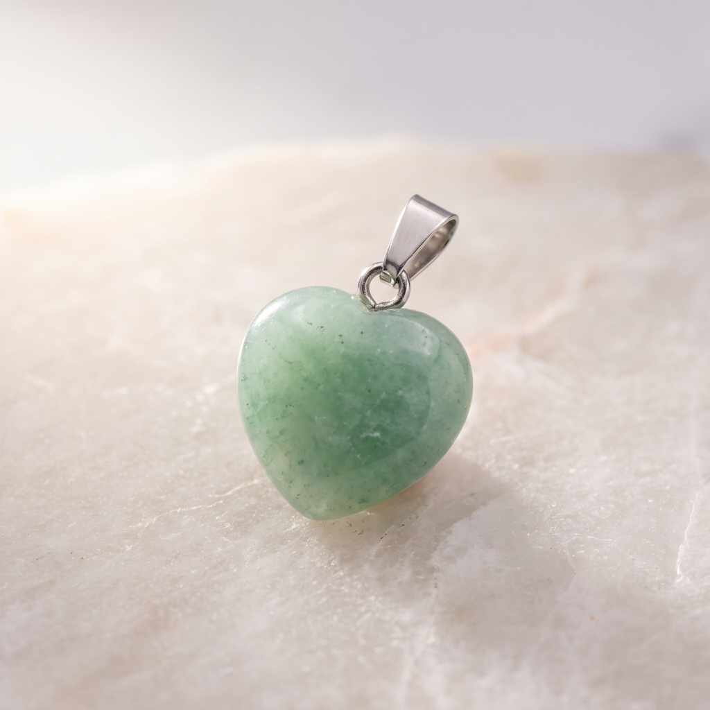 Pendentif cœur en aventurine verte 15 mm, poli et muni d'une bélière argentée