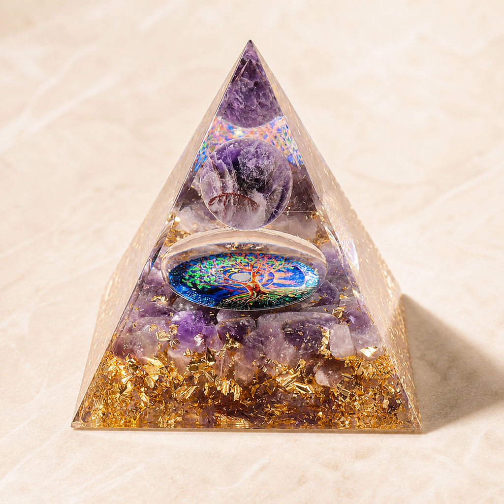 Orgonite pyramide Arbre de Vie en améthyste - 60 mm, vue complète sur une surface minérale claire