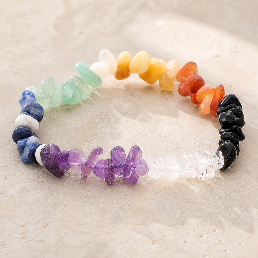 Bracelet baroque 7 chakras avec améthyste, vue complète sur une surface minérale claire
