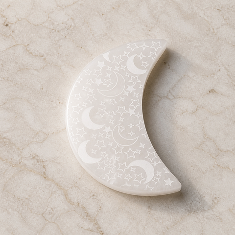 Croissant en sélénite blanche gravé de lunes et d’étoiles
