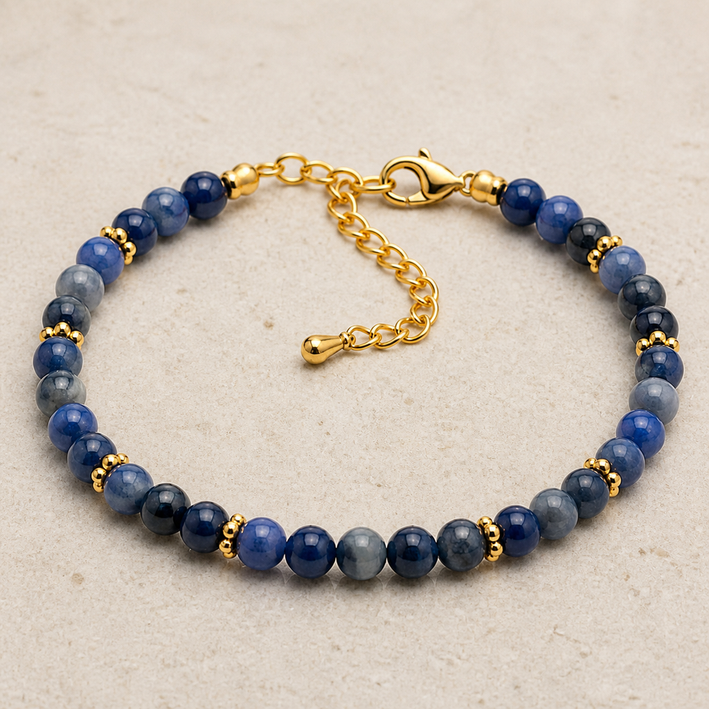 Bracelet Halo doré en sodalite 4 mm, vue complète sur une surface minérale claire