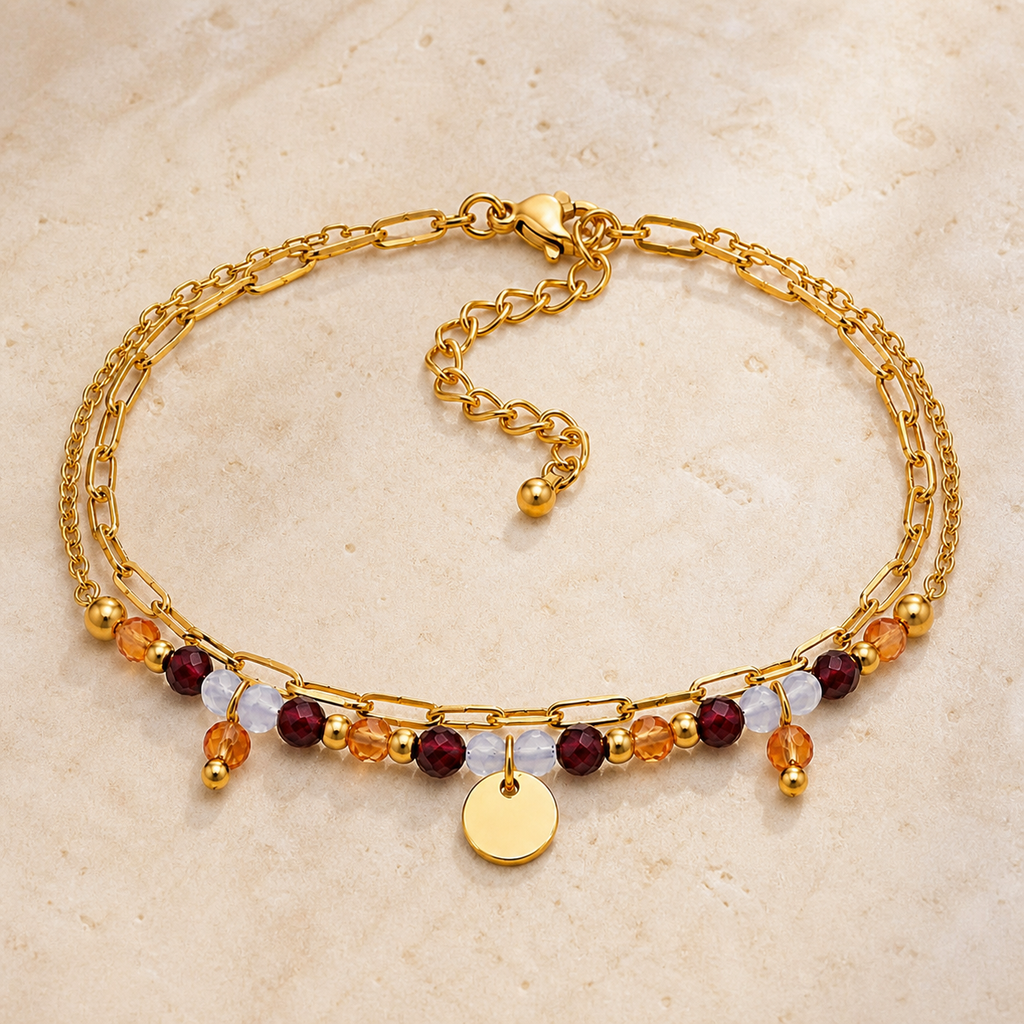 Bracelet Iris doré en aigue-marine, cornaline et grenat, vue complète sur pierre claire