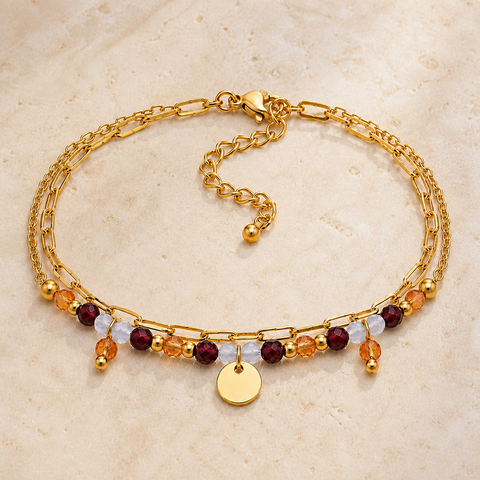 Bracelet Iris doré en aigue-marine, cornaline et grenat, vue complète sur pierre claire