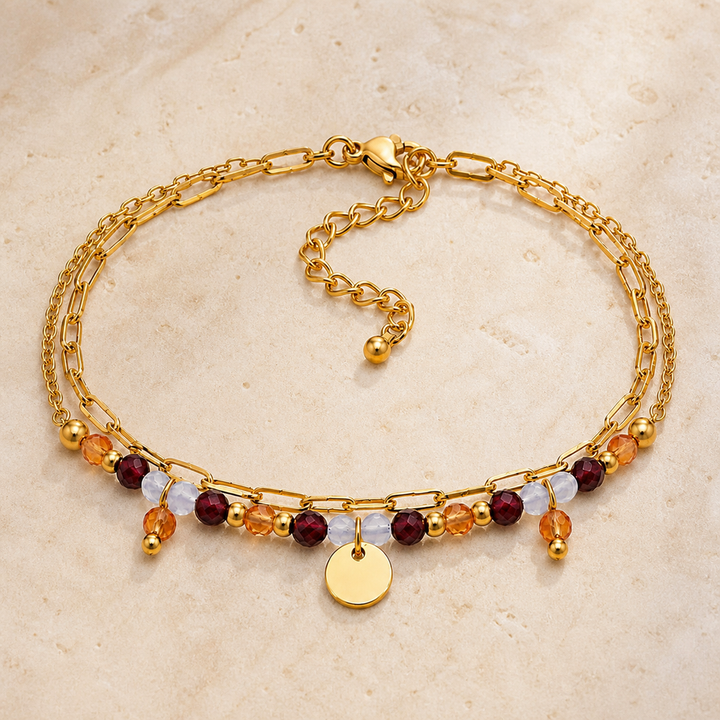 Bracelet Iris doré en aigue-marine, cornaline et grenat, vue complète sur pierre claire
