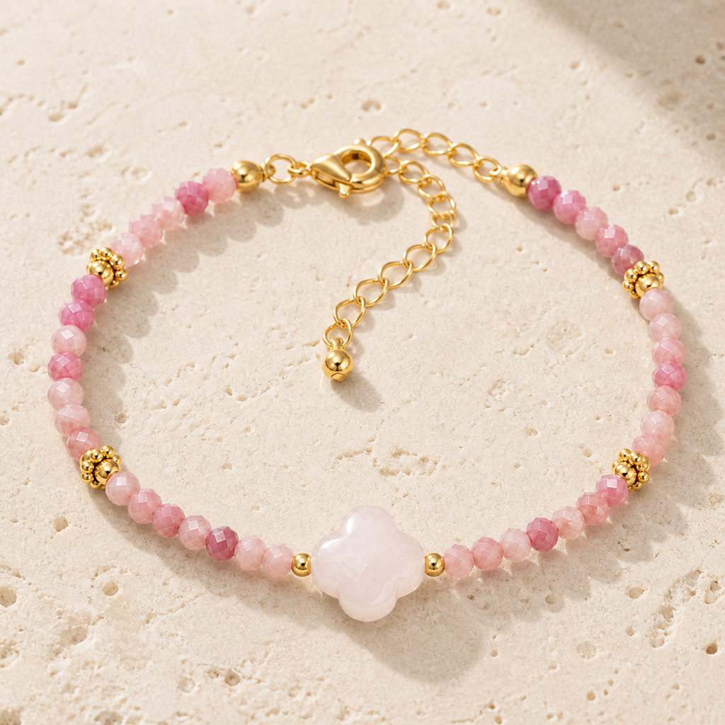 Bracelet Rosalia doré en quartz rose et rhodonite 3 mm sur travertin clair