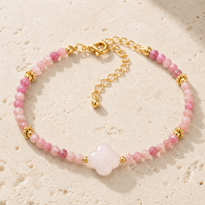 Bracelet Rosalia doré en quartz rose et rhodonite 3 mm sur travertin clair