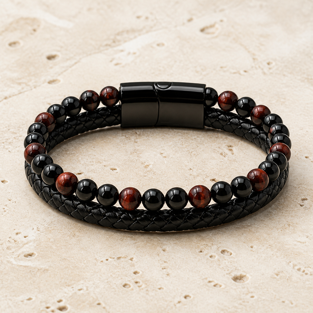 Bracelet Aska noir en oeil de taureau et onyx 6 mm sur travertin clair