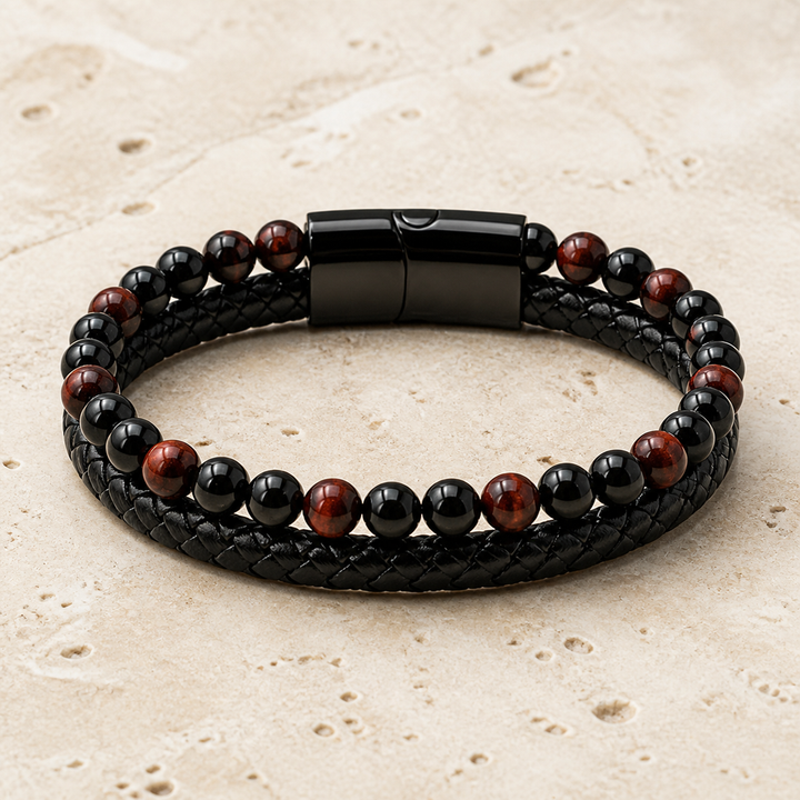 Bracelet Aska noir en oeil de taureau et onyx 6 mm sur travertin clair