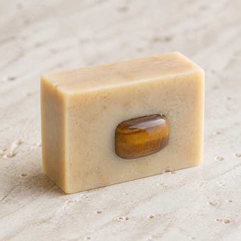 Savon verveine beige moucheté avec sa pierre intégrée, vue complète