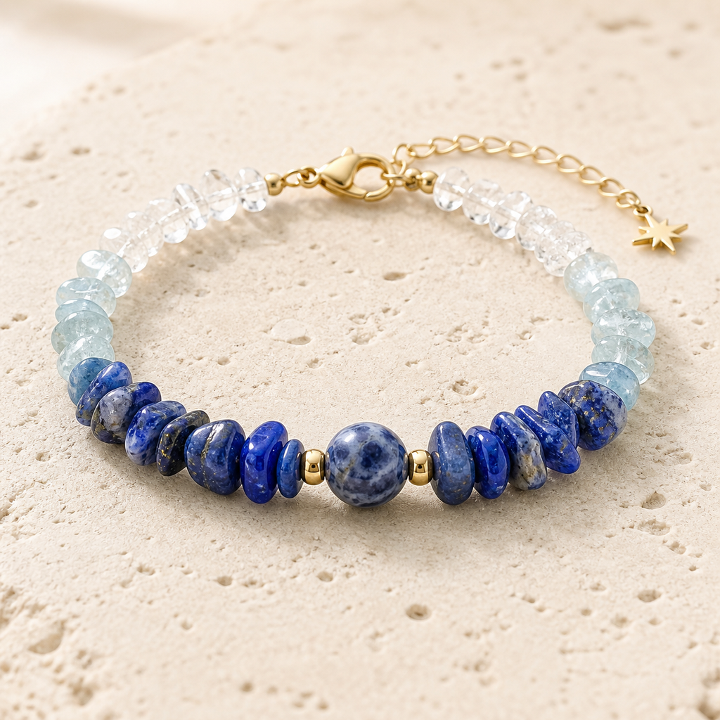 Bracelet doré en sodalite et pierres bleues, vue complète sur une surface minérale claire
