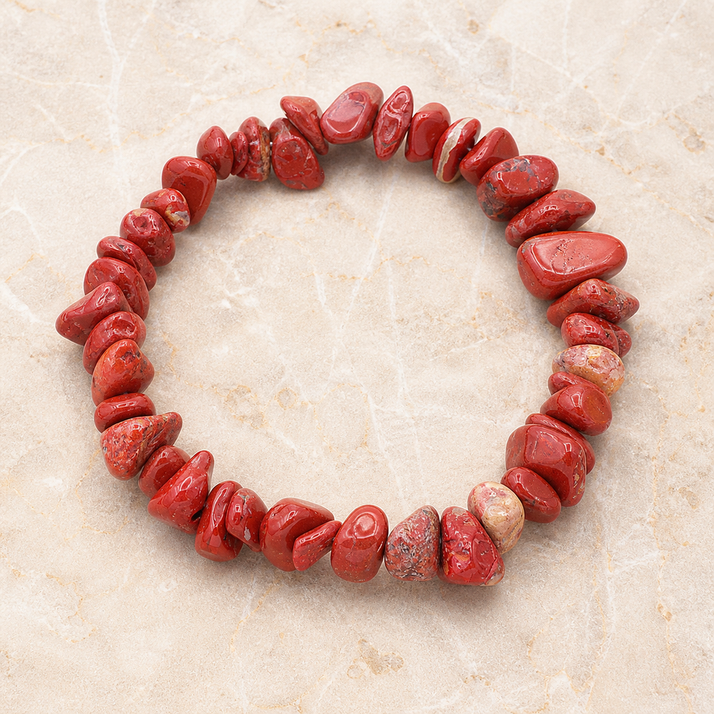 Bracelet baroque en jaspe rouge - 16 à 18 cm, vue complète sur une surface minérale claire