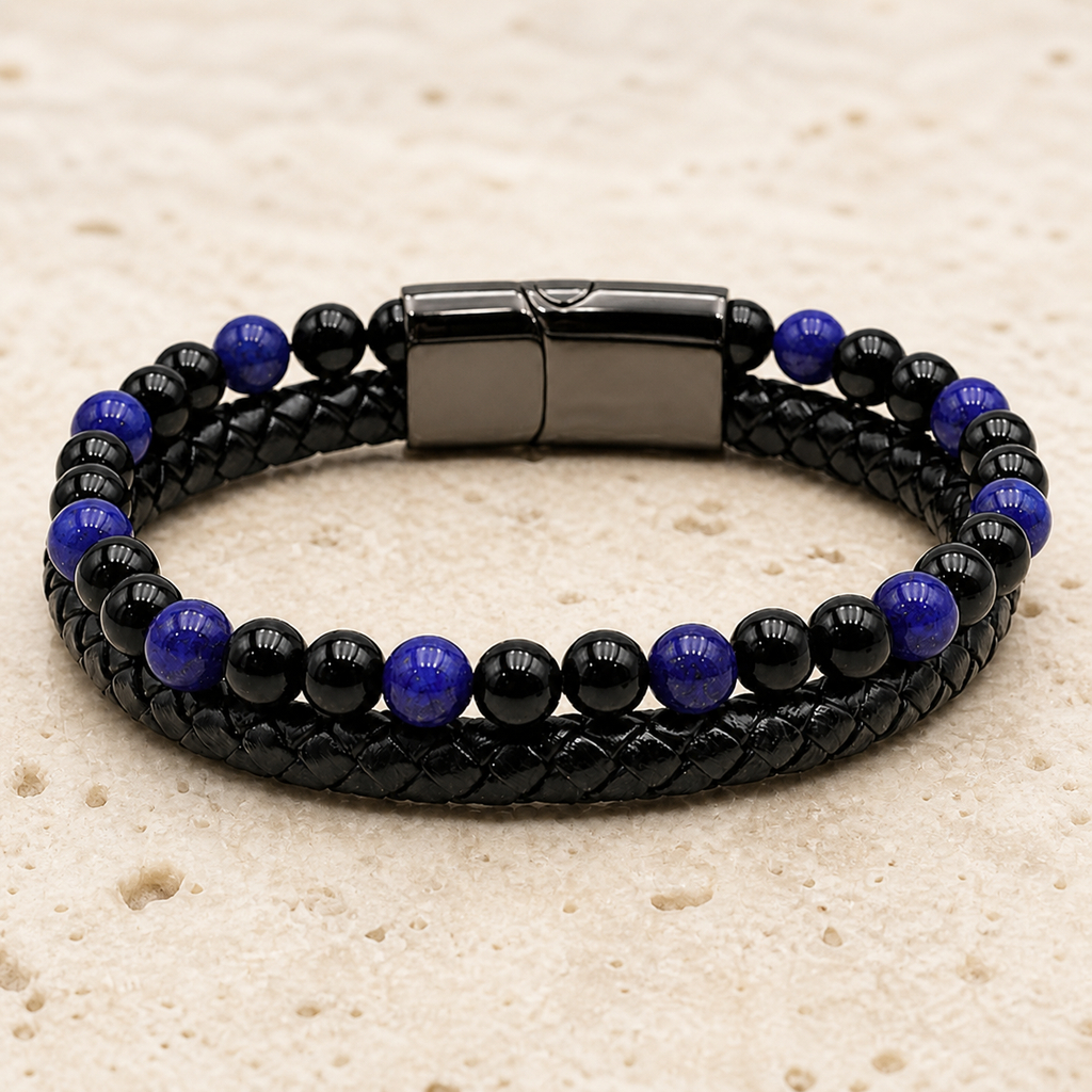 Bracelet Aska noir en lapis-lazuli et onyx sur travertin clair