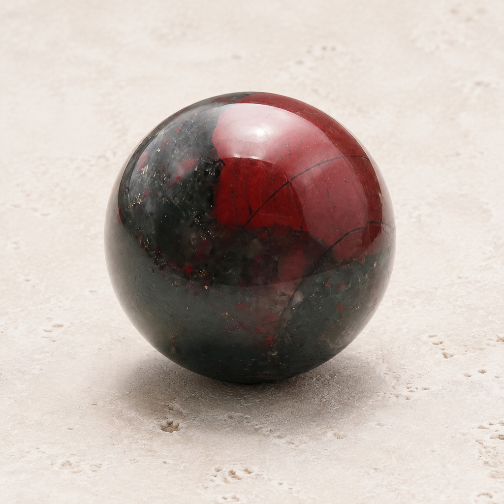 Sphère en jaspe héliotrope aux dessins rouges et sombres