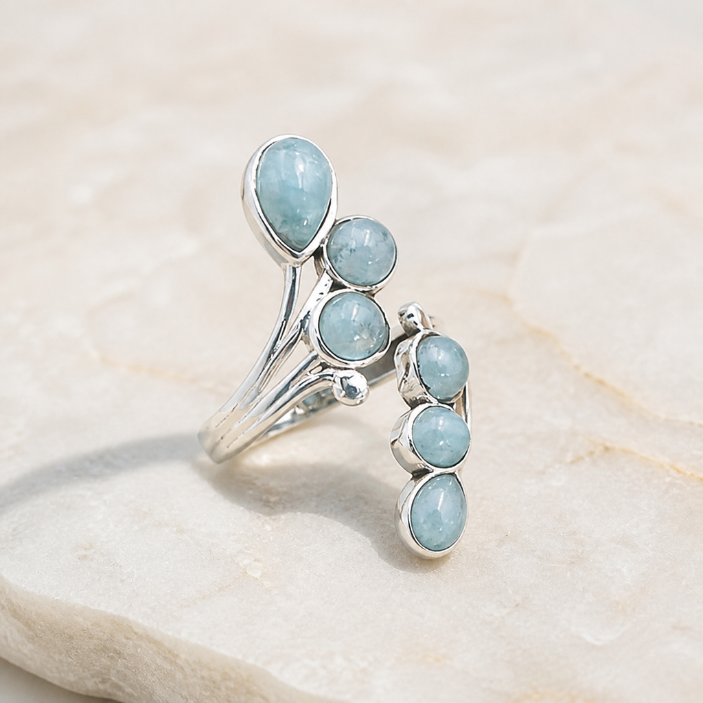 Bague en argent 925 et aigue-marine du Brésil, vue complète
