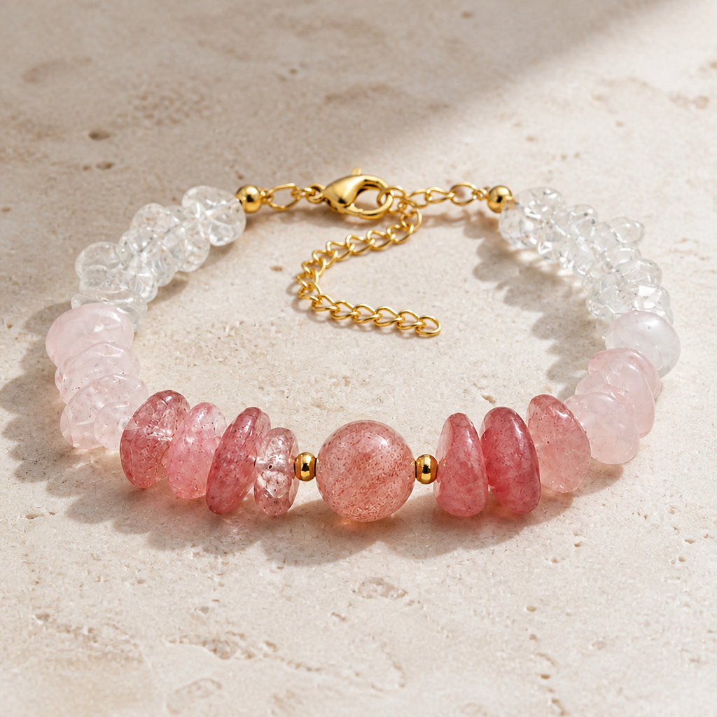 Bracelet Calysta doré en quartz rose et cristal de roche sur travertin clair