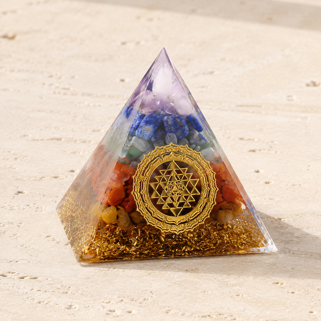 Pyramide orgonite 7 chakras avec éclats colorés et motif doré