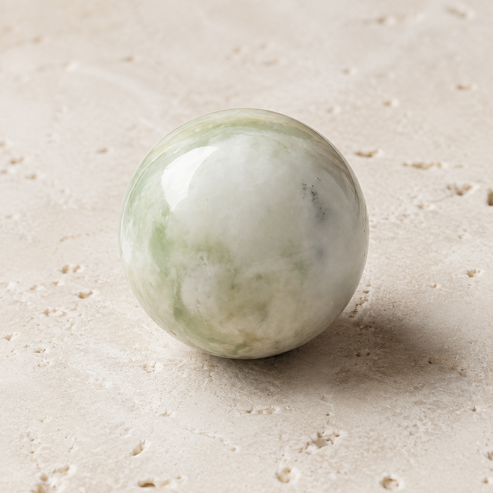 Sphère polie en jade de Chine de 30 mm sur pierre claire