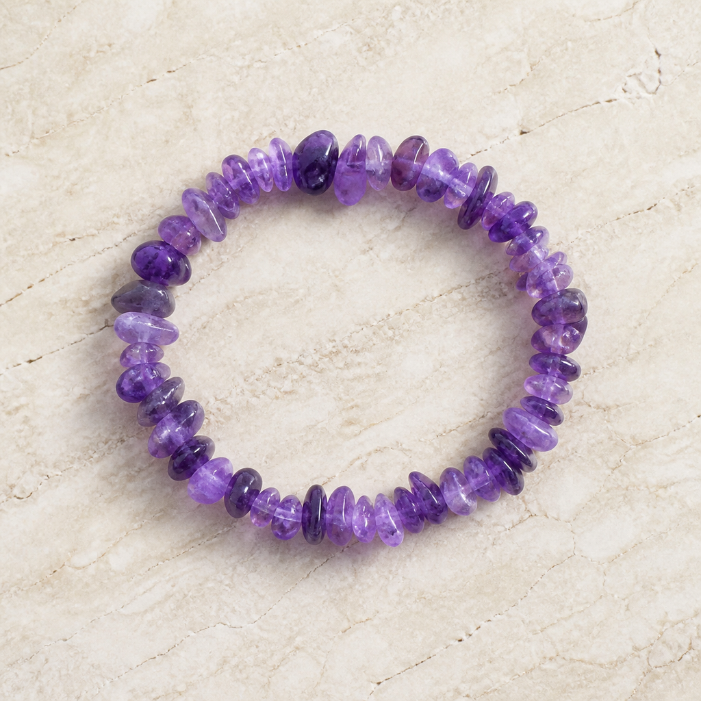 Bracelet baroque en améthyste du Brésil - 16 à 18 cm, vue complète sur une surface minérale claire
