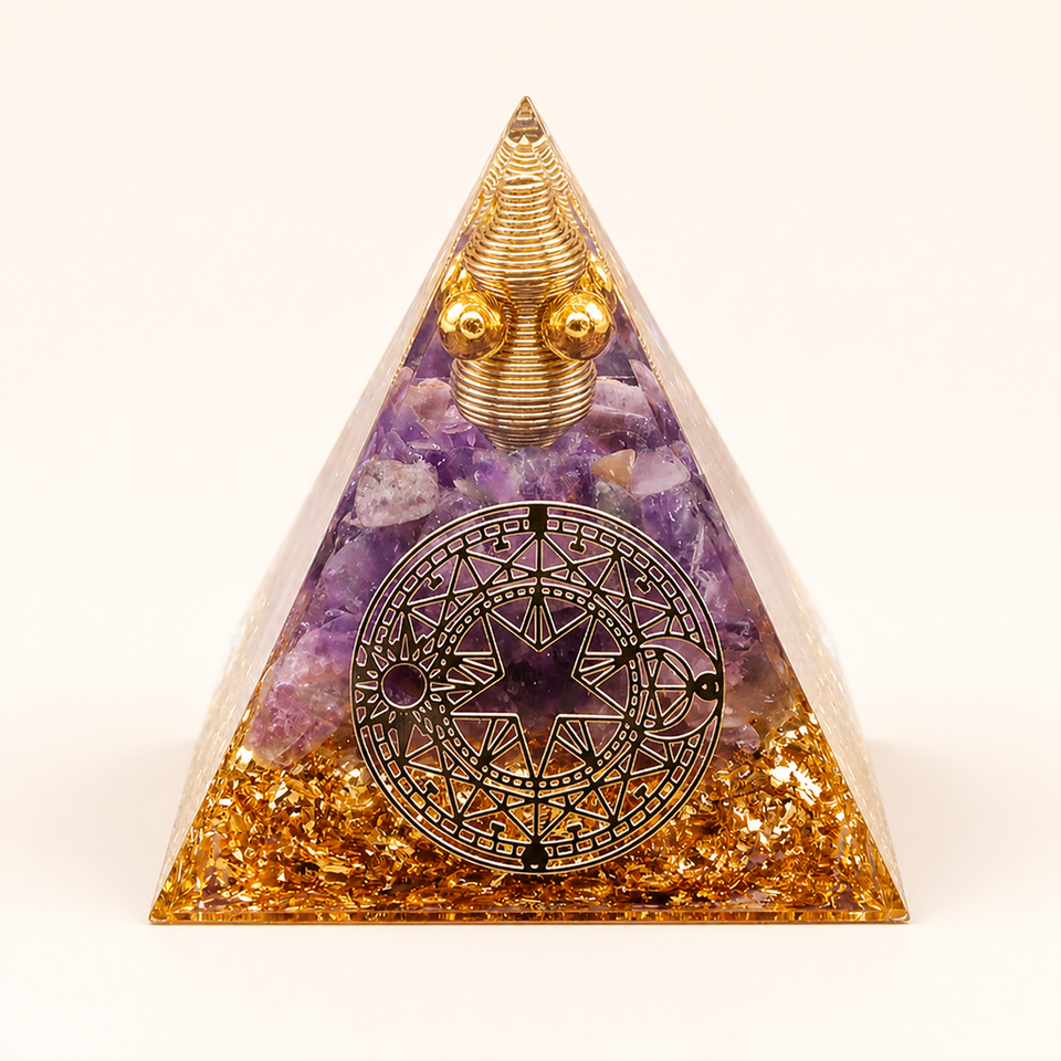 Orgonite pyramide Cercle magique en améthyste - 60 mm, vue complète sur une surface minérale claire