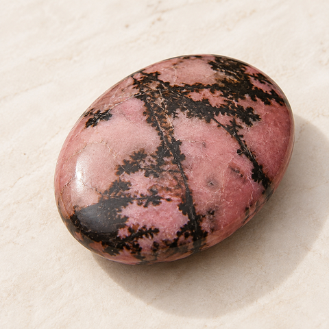 Pierre roulée en rhodonite - Galet de 45 mm présenté en entier sur une surface minérale claire