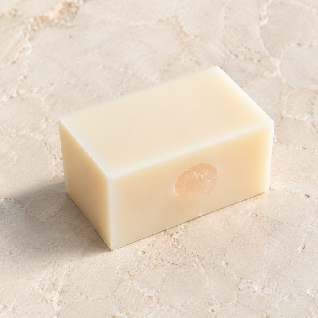Savon rose ivoire avec sa pierre intégrée, vue complète