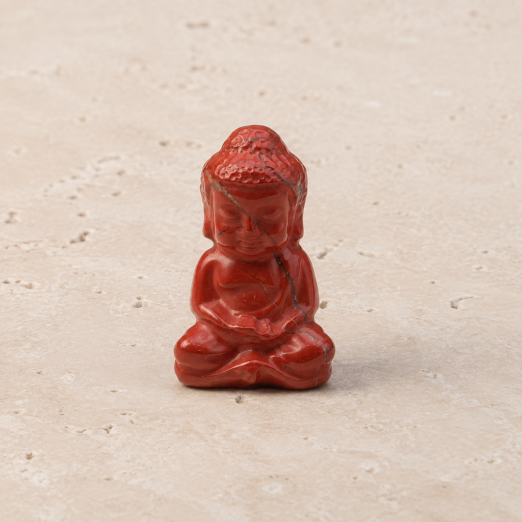 Bouddha assis en jaspe rouge veiné sur pierre claire