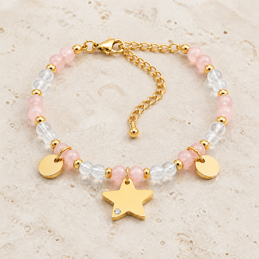 Bracelet Mira doré en quartz rose et cristal de roche sur travertin clair