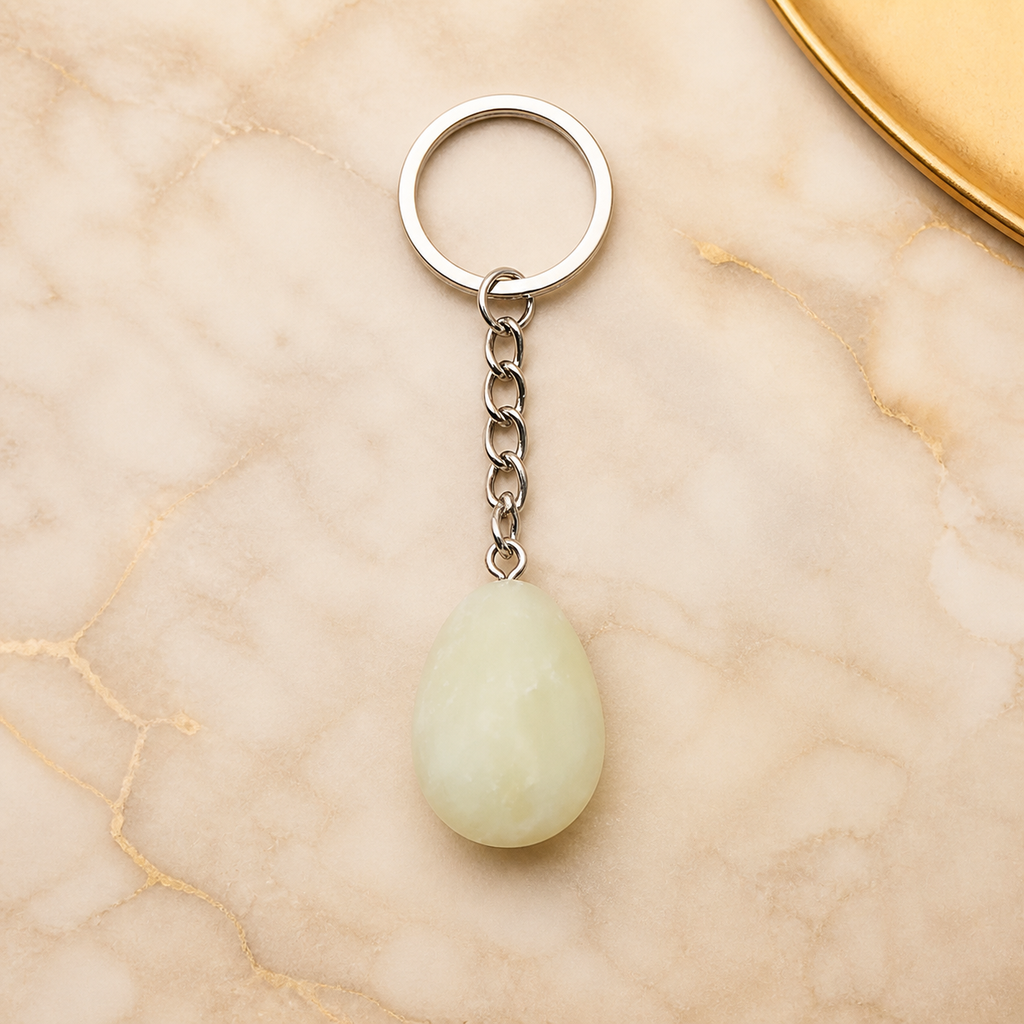 Accessoire porte-clés goutte en jade de Chine, vue complète sur une surface minérale claire