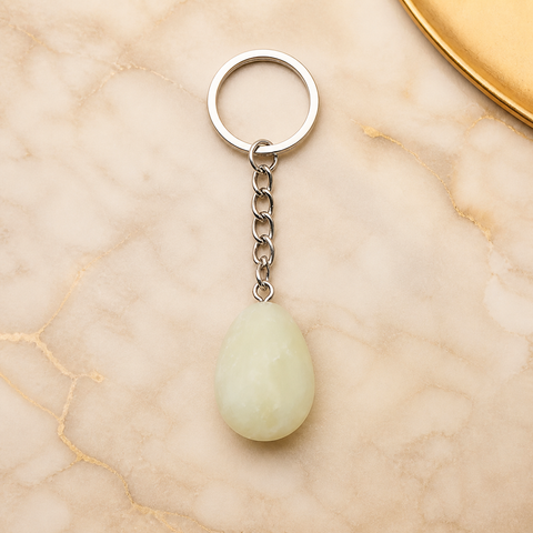 Accessoire porte-clés goutte en jade de Chine, vue complète sur une surface minérale claire