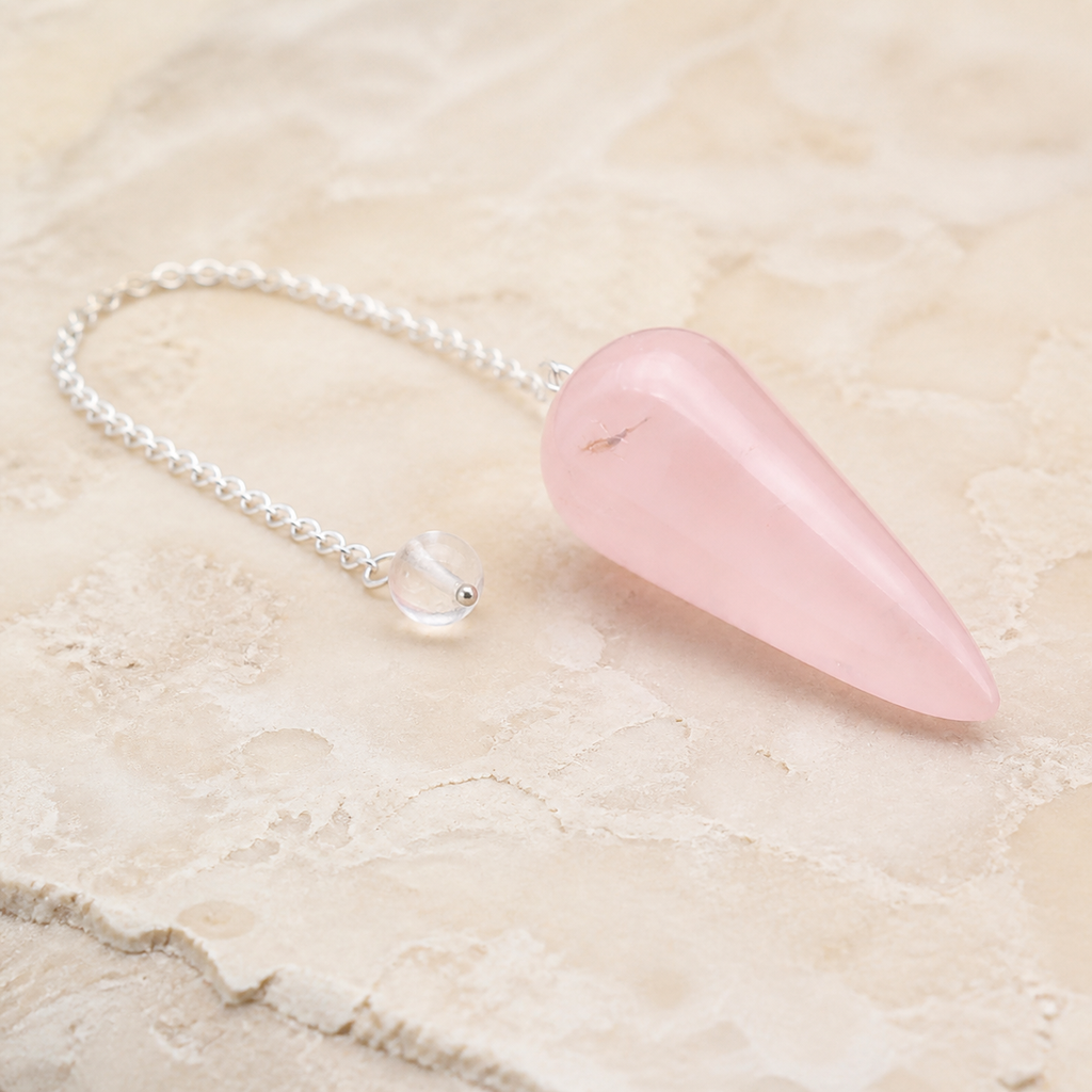 Pendule conique en quartz rose du Brésil, vue complète
