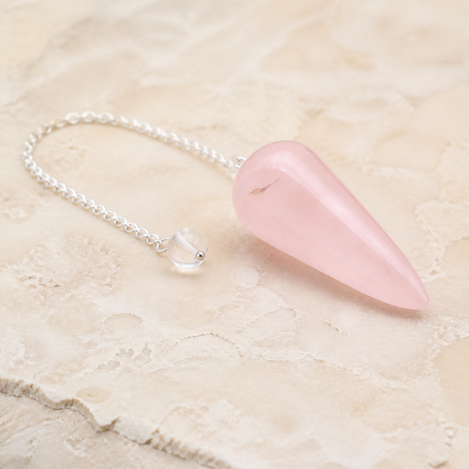 Pendule conique en quartz rose du Brésil, vue complète