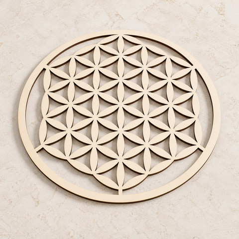 Plaque Fleur de Vie découpée en bois - 20 cm, vue complète sur une surface minérale claire