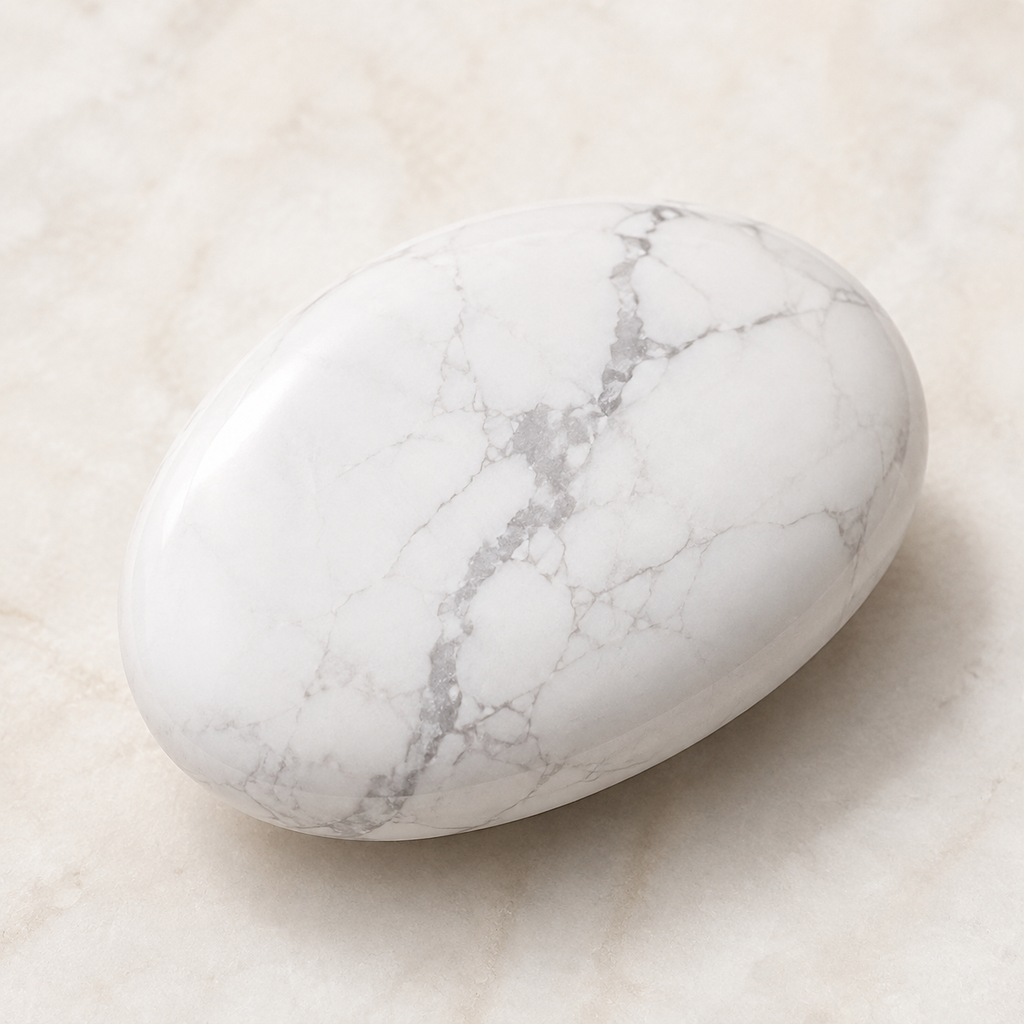 Pierre roulée en howlite blanche - Galet de 45 mm présenté en entier sur une surface minérale claire