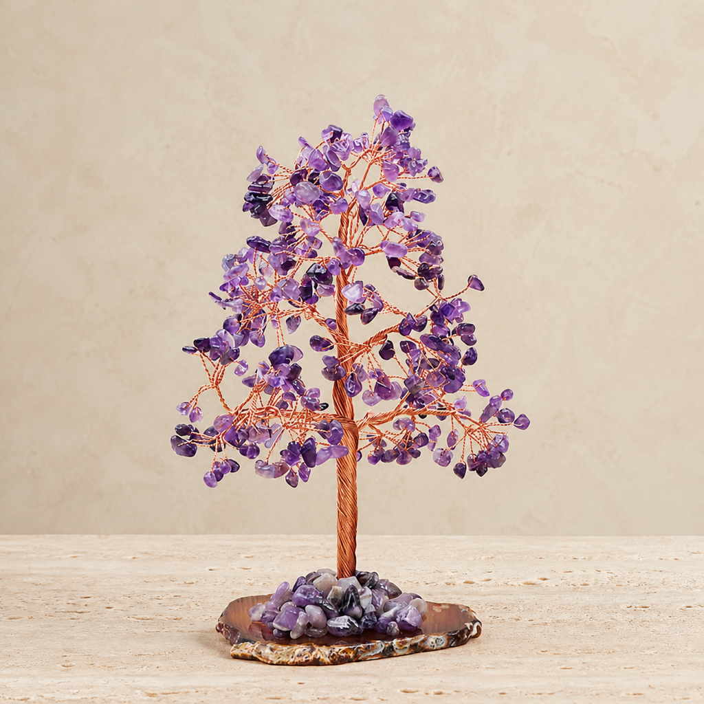 Arbre minéral en améthyste du Brésil - 150 à 200 mm sur travertin clair