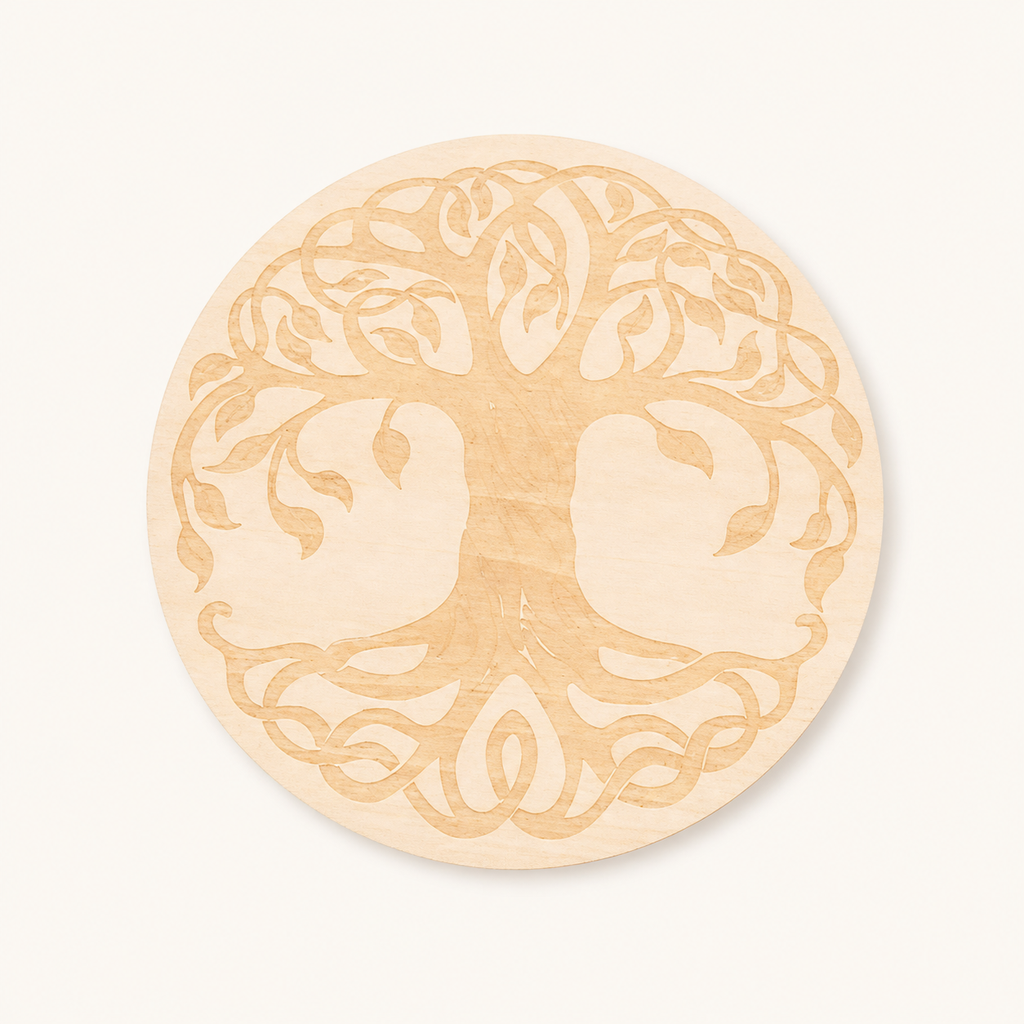 Plaque Arbre de Vie en bois de tilleul - 10 cm, vue complète sur une surface minérale claire