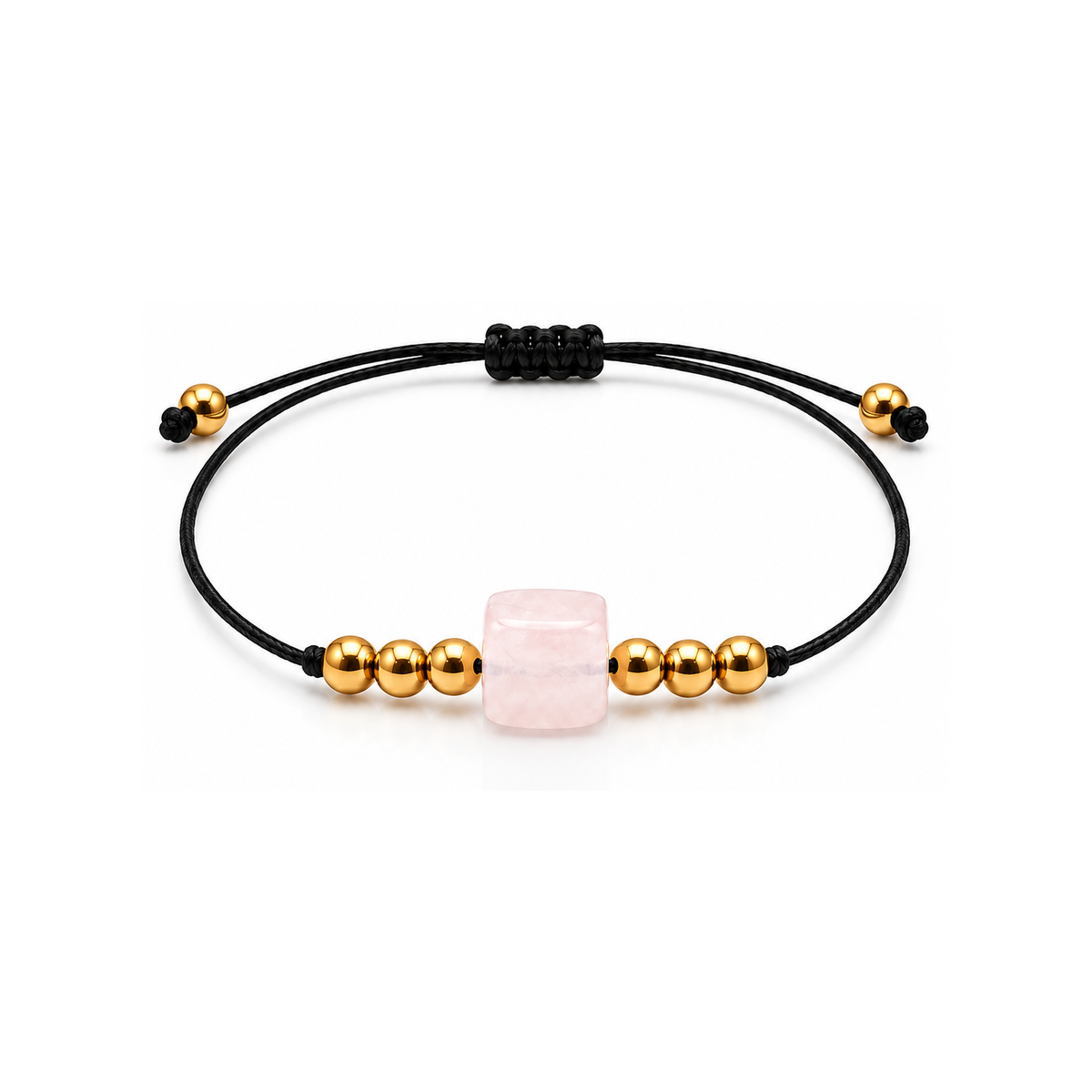Bracelet doré en quartz rose 8 mm, vue complète sur fond blanc pur avec construction et réglage visibles