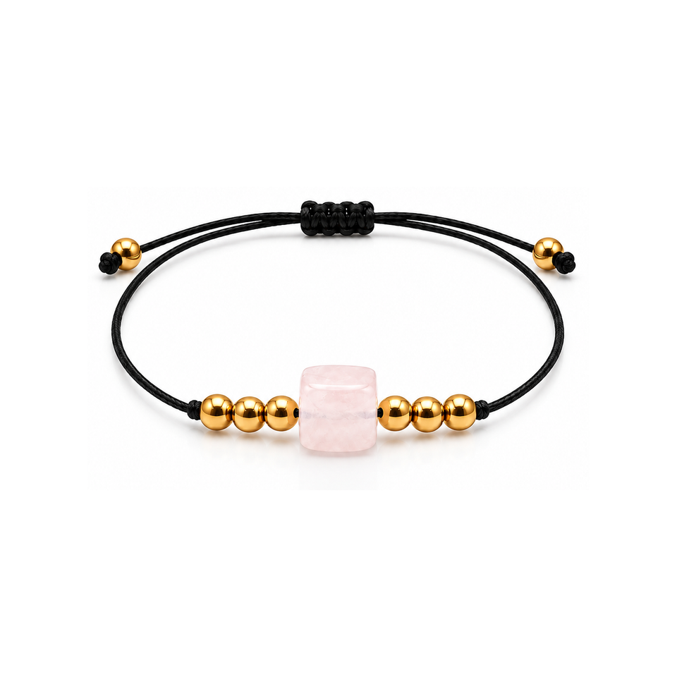 Bracelet doré en quartz rose 8 mm, vue complète sur fond blanc pur avec construction et réglage visibles