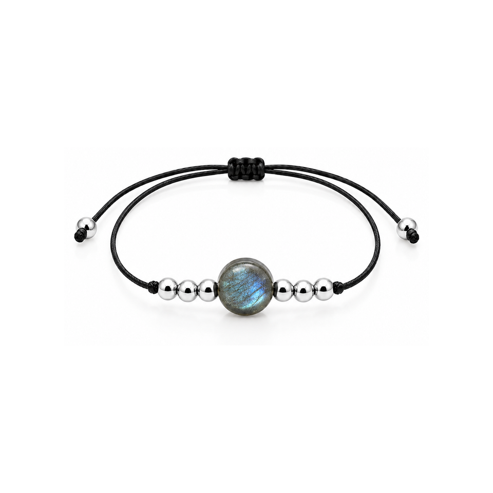 Bracelet argenté en labradorite 8 mm, vue complète sur fond blanc pur avec construction et réglage visibles