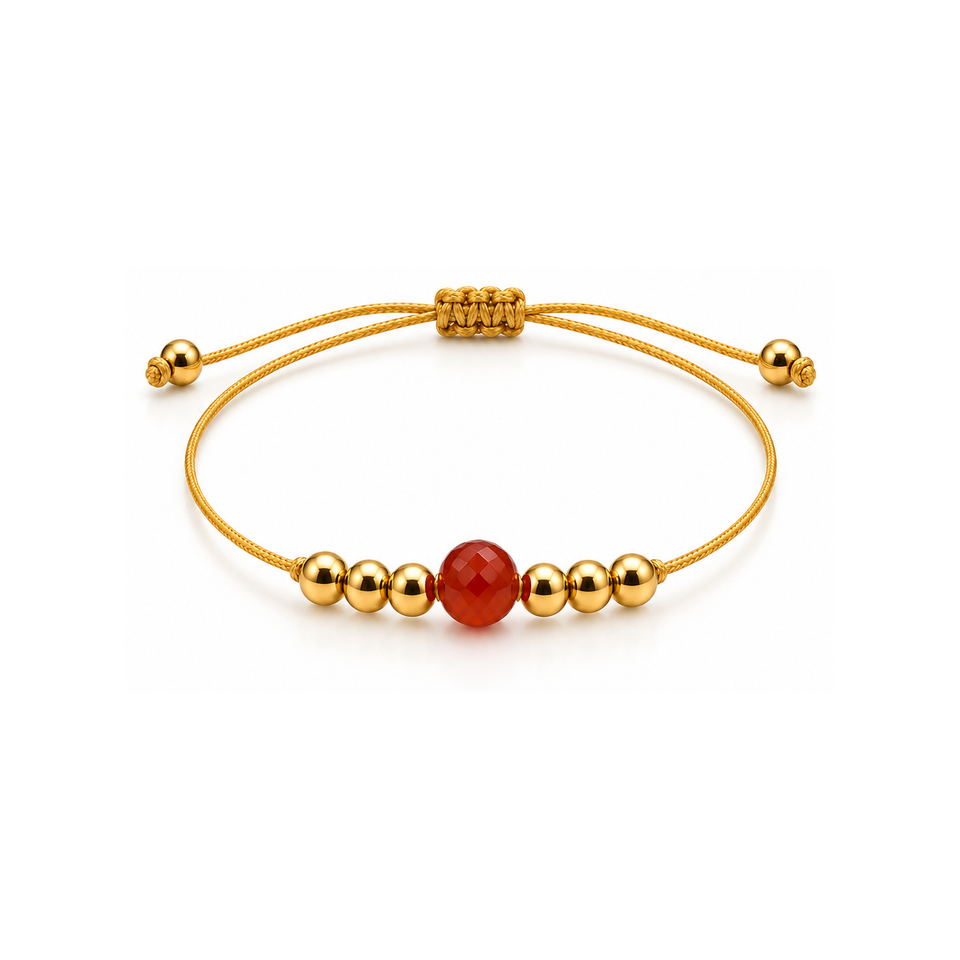 Bracelet doré en cornaline 6 mm, vue complète sur fond blanc pur avec construction et réglage visibles
